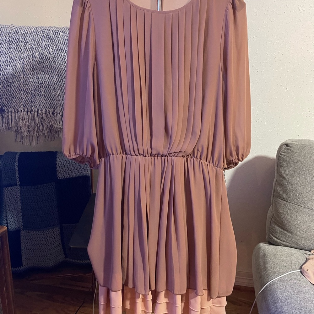 Elegant Pink and Blush Pleated Dress with sheer 3/4 sleeve